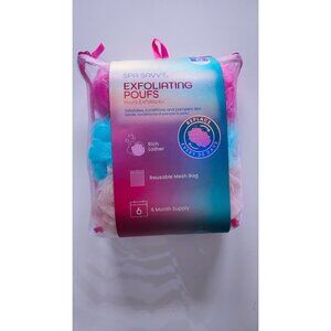 Spa Savvy Exfoliating Poufs 6 Pack Mesh Shower Sponges with Storage Bag